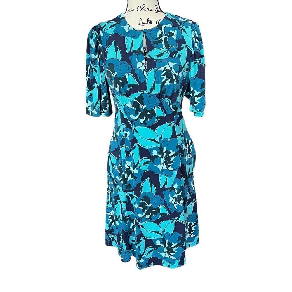 Maggy London censa short sleeve floral knit jersey dress ladies size 4 blue